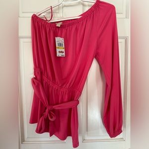 Michael Kors off shoulder long sleeve tie at waist pink top! NWT